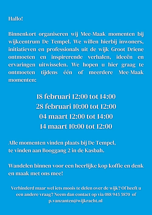 poster voor Mee-Maak momenten in Wijkcentrum De Tempel